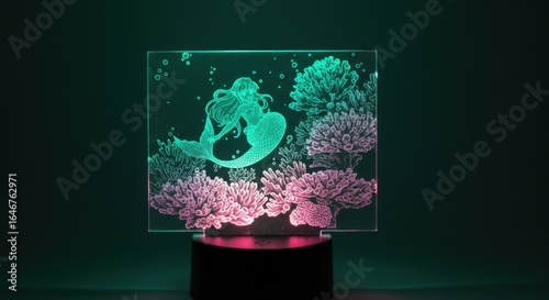 Detailed laser-etched mermaid and coral reef artwork glowing in darkness
