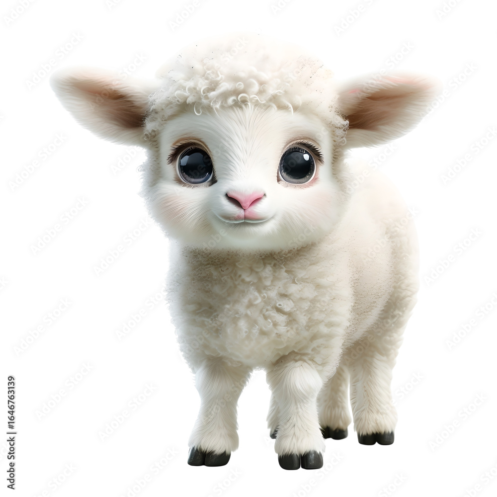 Fototapeta premium Cute white fluffy lamb with big round eyes standing out against a isolated on transparent