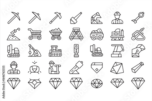 Line Style Icons for Quarrying, Mineral Extraction, and Jewelry Making