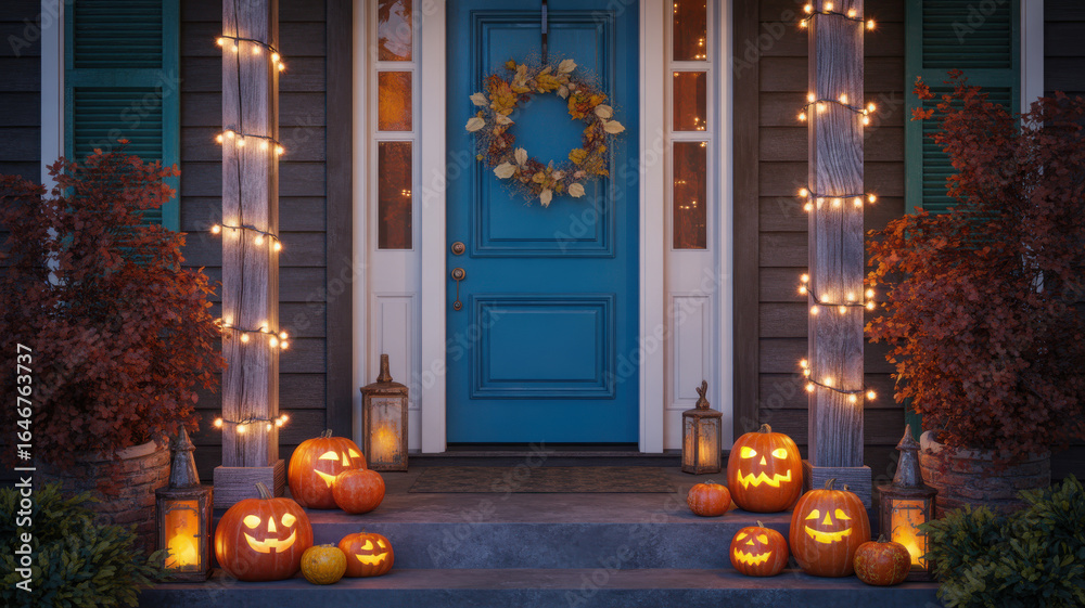 Obraz premium Festive halloween decorated front porch with glowing jack o lanterns and string lights