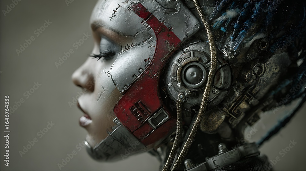 Fototapeta premium Female Android with Silver Metallic Parts and Blue Dreadlocks Profile View