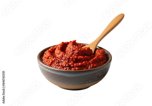 A small, rustic ceramic bowl filled with vibrant, deep red harissa paste, showing coarse texture, oil sheen, and chili flecks, a wooden spoon rests inside, on a clean transparent studio background