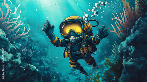Wallpaper Mural A cheerful cartoon scuba diver gives a double thumbs-up in a vibrant underwater world, symbolizing successful exploration and the joy of aquatic adventure amidst beautiful coral reefs. Torontodigital.ca