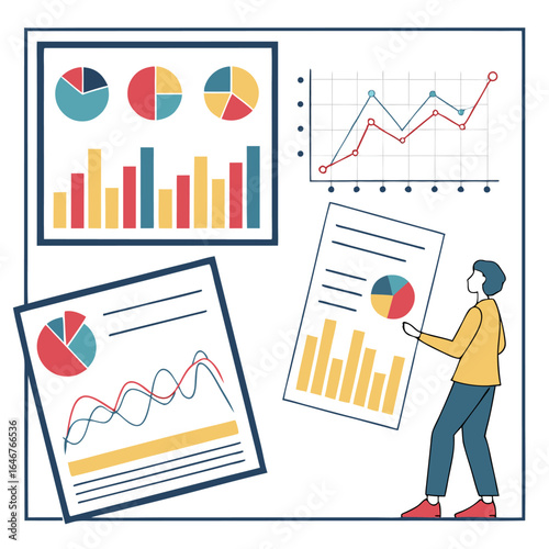 A person is reviewing various charts and graphs including pie charts bar graphs and line graphs to analyze data and make informed decisions