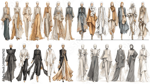 Elegant fashion illustration set showing designer outfits with layered textures, draped fabrics, and artistic detailing. Perfect for couture design inspiration and creativity.