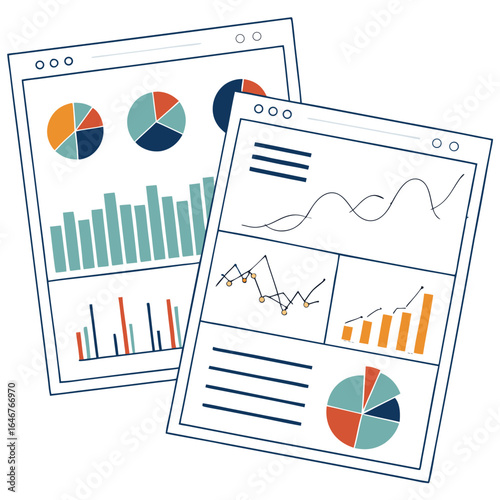 Digital dashboards showcasing various data visualizations including pie charts bar graphs and line charts for business analytics and financial reporting
