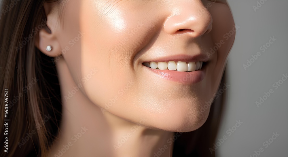 Fototapeta premium Close-up of a smiling young woman with perfect white teeth and radiant, glowing skin, showcasing dental health and natural beauty.