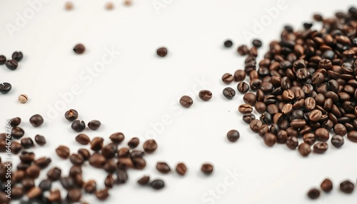 A scattering of dark coffee beans on a pristine white surface evokes warmth and coziness,  drink,  food