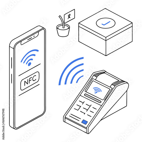 Illustration of contactless payment technology featuring a smartphone with nfc capabilities interacting with a payment terminal and a small plant with a flag