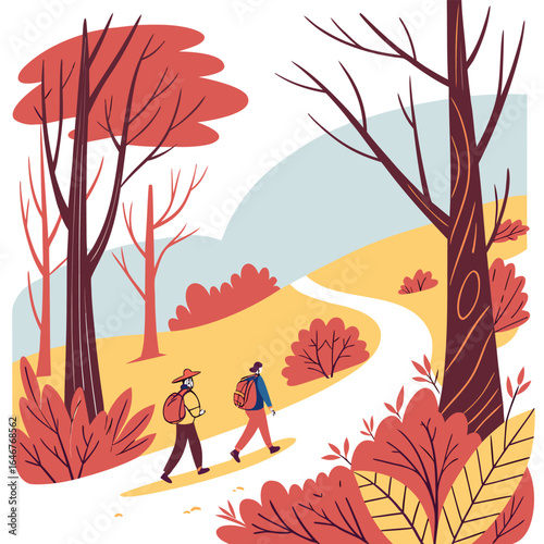 Two hikers with backpacks walk along a winding path through a colorful autumn forest with bare trees and vibrant foliage