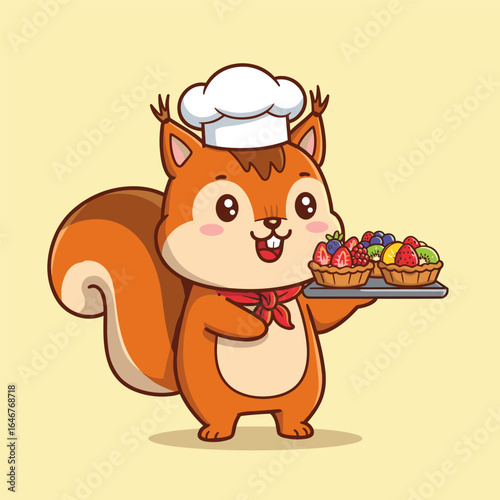 Cartoon squirrel dressed as a chef, wearing a white hat and red neckerchief, proudly presenting a tray of colorful fruit tarts with strawberries, blueberries, and kiwi on a light yellow background.