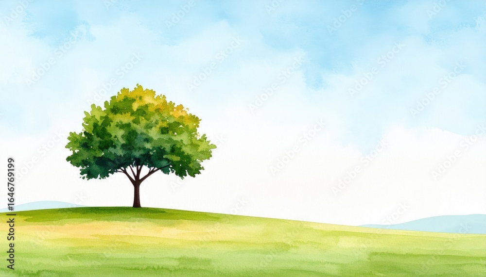 Fototapeta premium Watercolor Painting Of Isolated Tree On Hillside