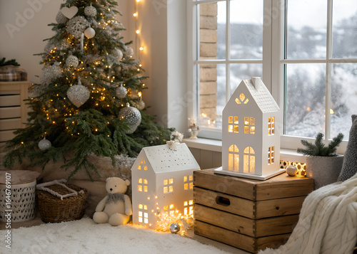  Christmas living room with illuminated white houses and cozy toy house home decor, country