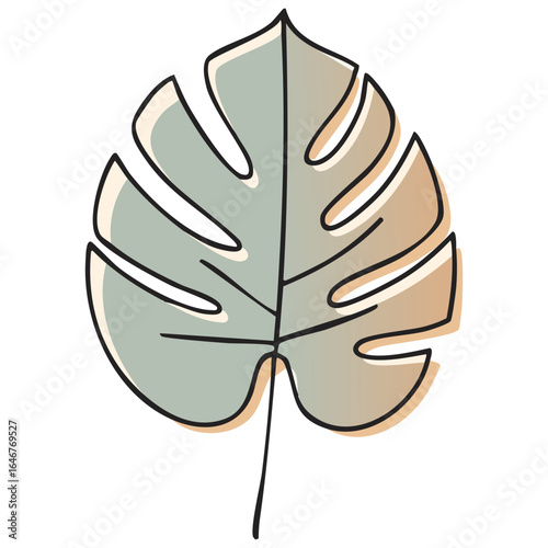 A sophisticated and simple piece of line art depicting a monstera leaf, with a clean, single-line technique that emphasizes its unique and iconic shape.