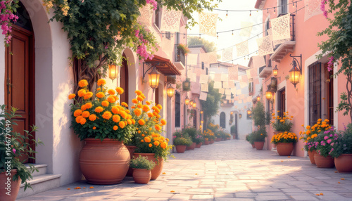 Colorful flowers and festive street decor for dia de los muertos celebration