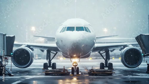 Snowy airport scene with airplane ready for takeoff in winter weather conditions