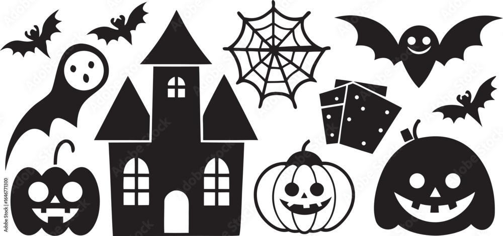 Obraz premium Halloween Silhouette Collection Featuring Ghost Bats Castle Spiderweb Pumpkins and Gift