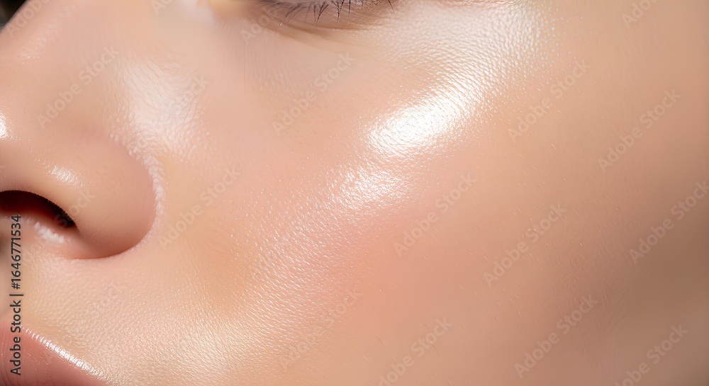 Fototapeta premium Extreme close-up on a youthful face showing smooth, radiant, and moisturized skin.
