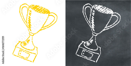 Chalk hand drawn trophy vector for victory, achievement, and awards with a sketchy feel. Great for illustrating success, competition, and creative concepts.