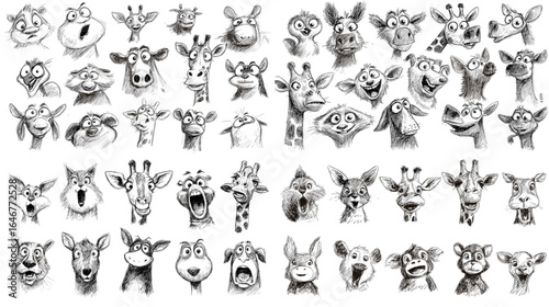 Set of funny giraffe faces illustration with comic expressions. Hand-drawn sketch character portraits of giraffes for kids design, stickers, and wildlife art projects.