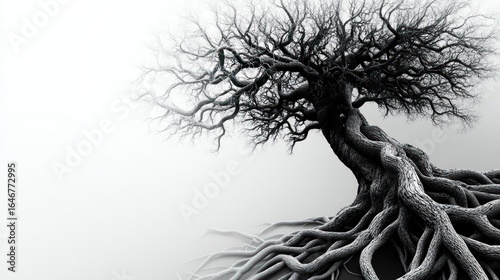 Majestic, gnarled tree roots against a light background