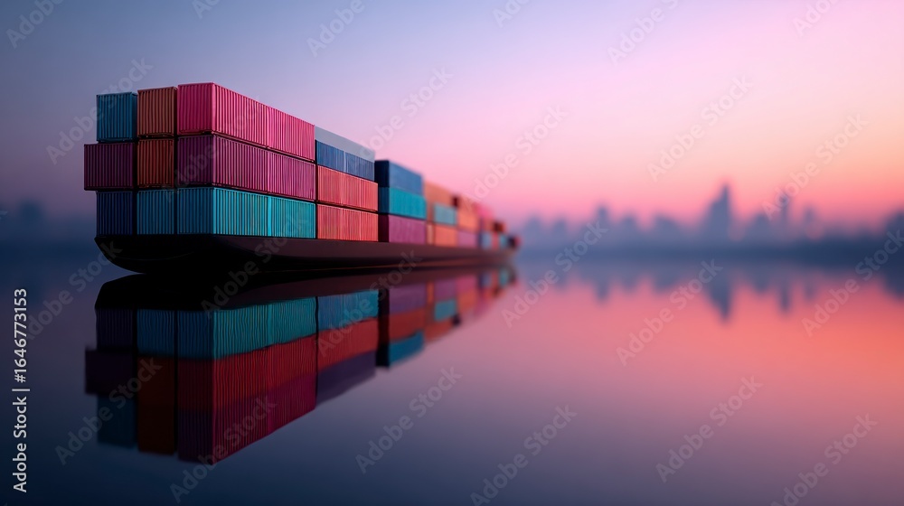 Fototapeta premium Cargo ship loaded with colorful containers sailing on calm water at sunrise with city skyline silhouette