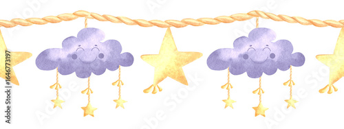 Yellow stars and fluffy cloud hanging on of rope garland watercolor seamless border for baby desing. Funny smiling character hand drawn isolated. Childrens background in kids fairy dreams for nursery.