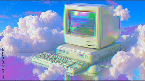 old computer, y2k, nostalgic, blue sky white clouds, noise, in soft pastel toens, A retro 2000s, Photorealistic, atmospheric, retro-futuristic with pastel cyberpunk vibes 1 --aspect 256_143_4K_10s