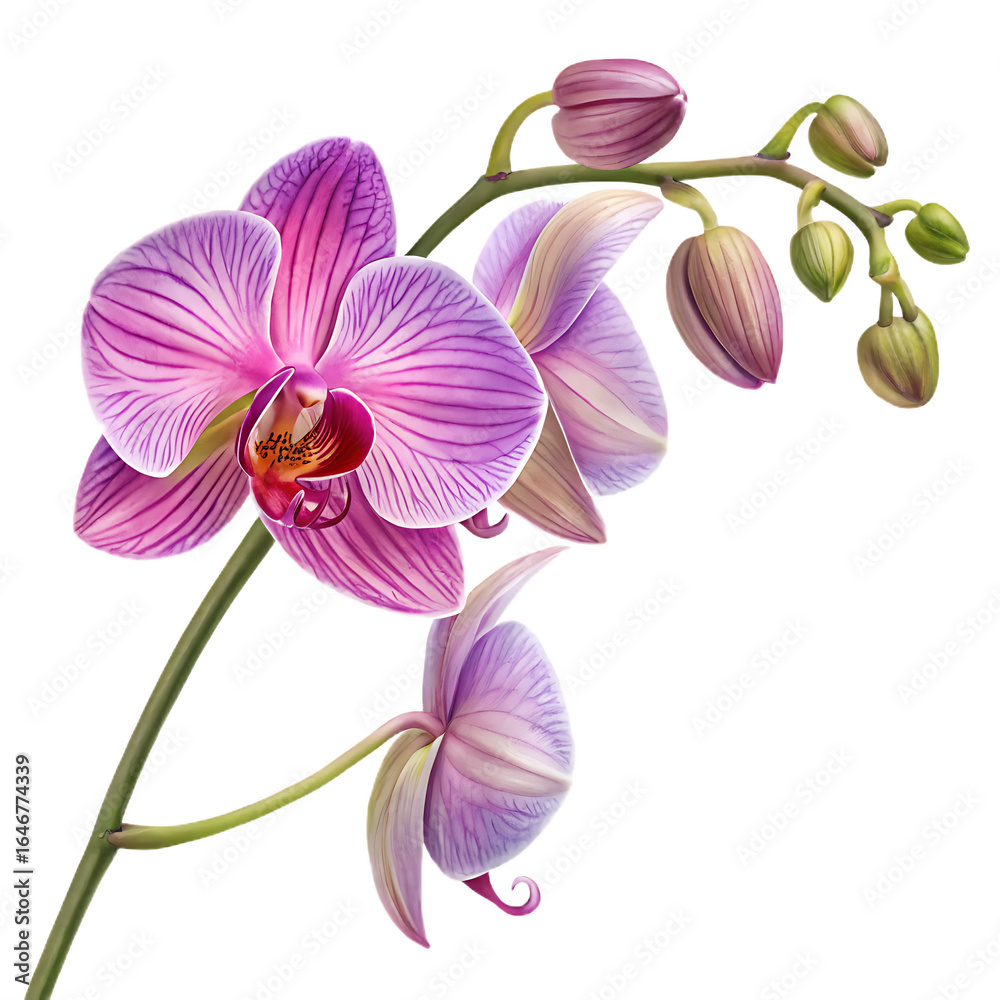 Obraz premium A delicate branch of purple and pink phalaenopsis orchids with multiple buds, showcasing intricate petal patterns and a vibrant center, isolated on a clean transparent background