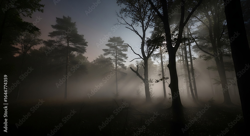 Naklejka premium Mystical Foggy Forest at Dawn with Sunbeams and Silhouetted Trees