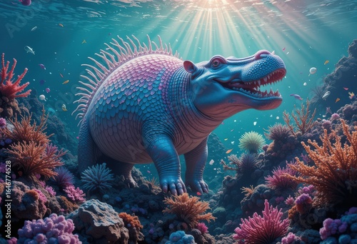 A Fantasy Underwater Scene Featuring a Large Scaled Prehistoric Creature in Vibrant Coral Reef