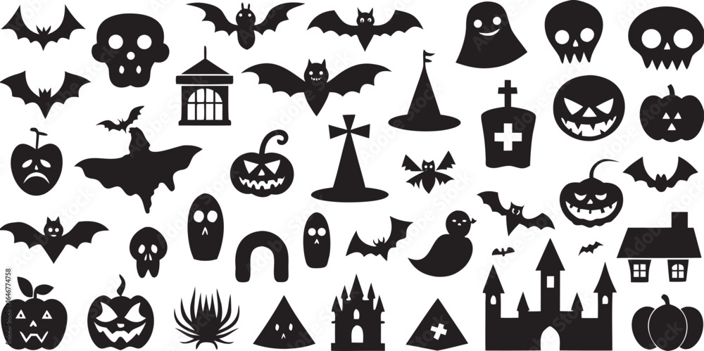 Fototapeta premium Halloween Silhouette Vector Set with Bats Pumpkins Ghosts Skulls and More