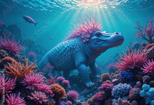 Enchanting Underwater Scene A Majestic Fantasy Creature Among Vibrant Coral Reefs