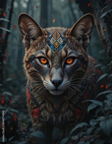 Majestic Ornate Cat in Dark Forest Mystical Creature Digital Art Fantasy Illustration