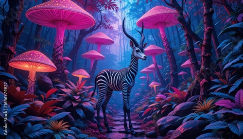 Surreal Zebra in a Glowing Mushroom Forest Fantasy Artwork Digital Painting