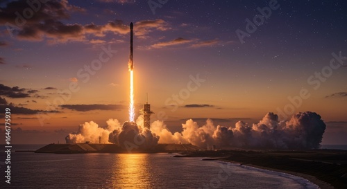 A powerful rocket launches from a coastal pad at sunset, ascending into the twilight sky with fire and smoke.