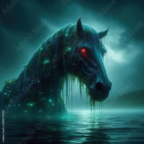 Mysterious Aquatic Horse Creature Emerging from Dark Water Fantasy Art Illustration