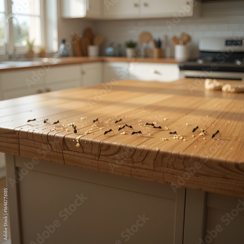 Ants scurry across a wooden kitchen counter, seeking food crumbs near a bright, modern kitchen