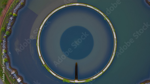 Aerial view wastewater treatment pond. Top view Bio-gas waste water treatment pond In industrial plants. Water pollution. Image for industrial background: sewage treatment, bioremediation, biogas.