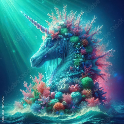 Enchanting Underwater Unicorn Sculpture Coral Reef Fantasy Art Digital Painting