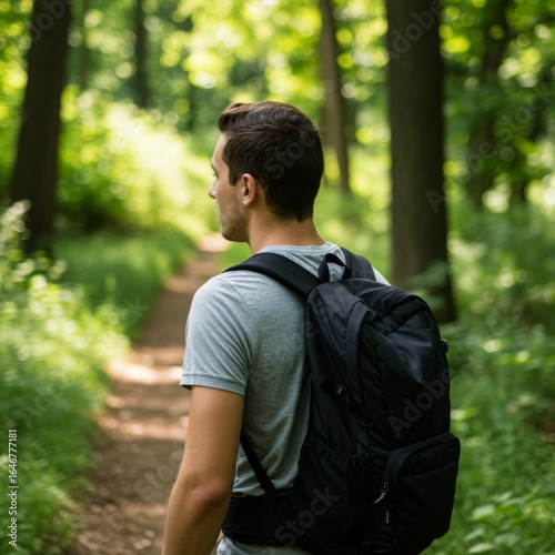 Young Man Hiking on Forest Trail