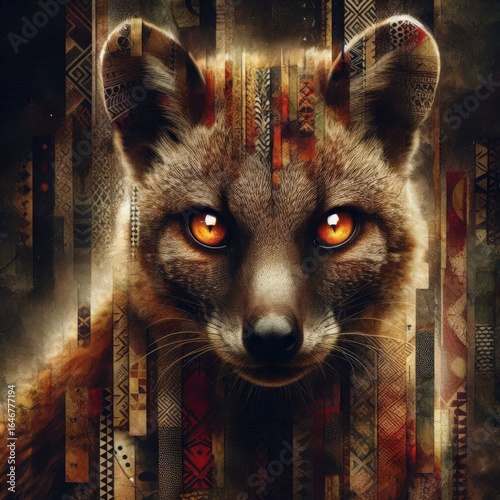 Majestic Gray Fox Portrait with Vibrant Tribal Art Background Design