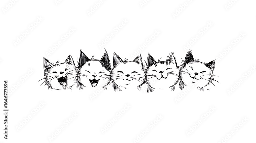 Obraz premium A charming hand-drawn ink sketch featuring a group of five happy and laughing cats in a row, showcasing joyful feline expressions on a clean white background.