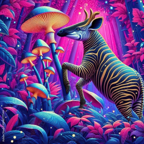 Magical Zebra in Vibrant Psychedelic Forest with Glowing Mushrooms