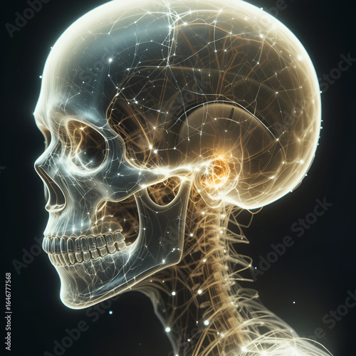 A radiograph or X-ray image of a human skull, showing both front and lateral views -