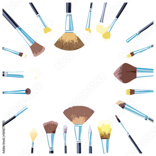 A beautiful top-down view (flatlay) of a collection of cosmetic brushes in gentle pastel colors, perfect for a beauty blog, social media post, or makeup artist.