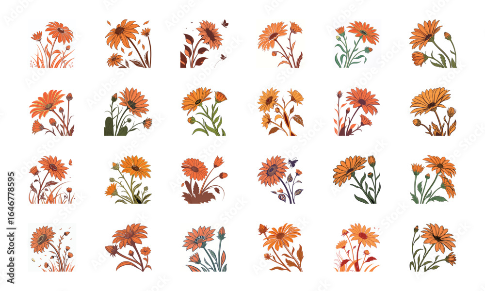 Fototapeta premium Beautiful Collection of Colorful Flower Illustrations Featuring Roses, Tulips, Lotus, Hibiscus, Daisies, and Seasonal Blossoms for Botanical Art and Design Projects 