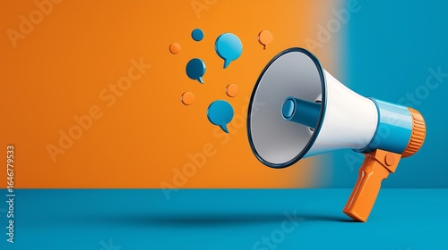 Megaphone with Speech Bubbles on a Blue and Orange Background: Annoucement, Promotion, and Communication 