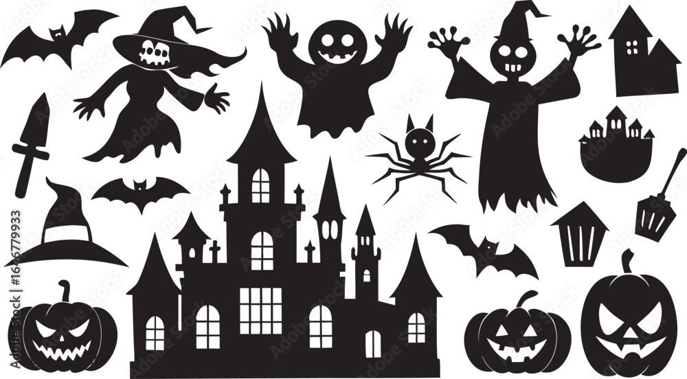 Fototapeta premium Halloween Silhouette Vector Set Witch Ghost Castle Bats Spider Pumpkins and More