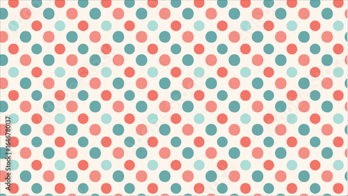 An artistic and modern seamless pattern featuring playful, hand-drawn polka dots with irregular shapes in a trendy coral and turquoise on a neutral beige backdrop.